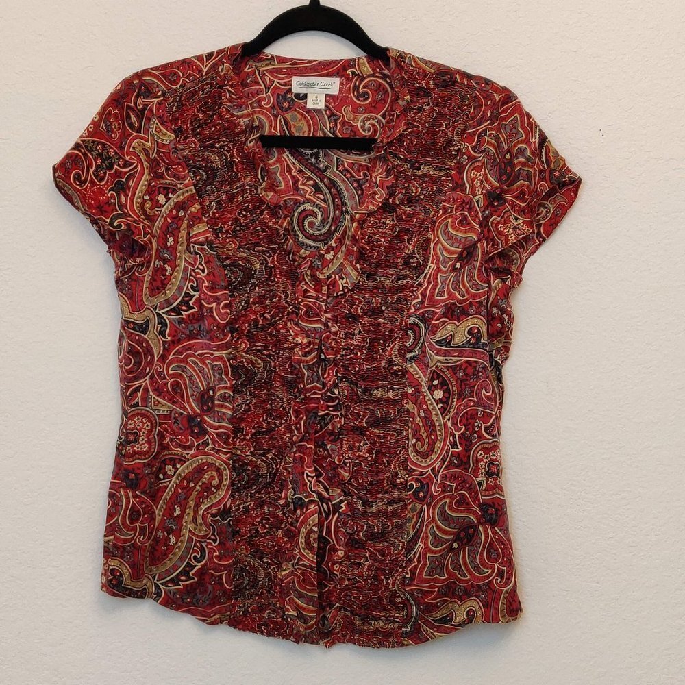 Coldwater creek Small Blouse buttons ruffle Silk red burgundy